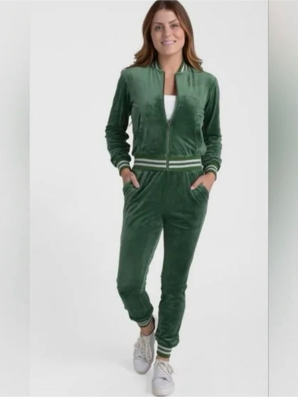 Kate & Mallory Women’s Green Velour Tracksuit Bomber Jacket and Track Pants